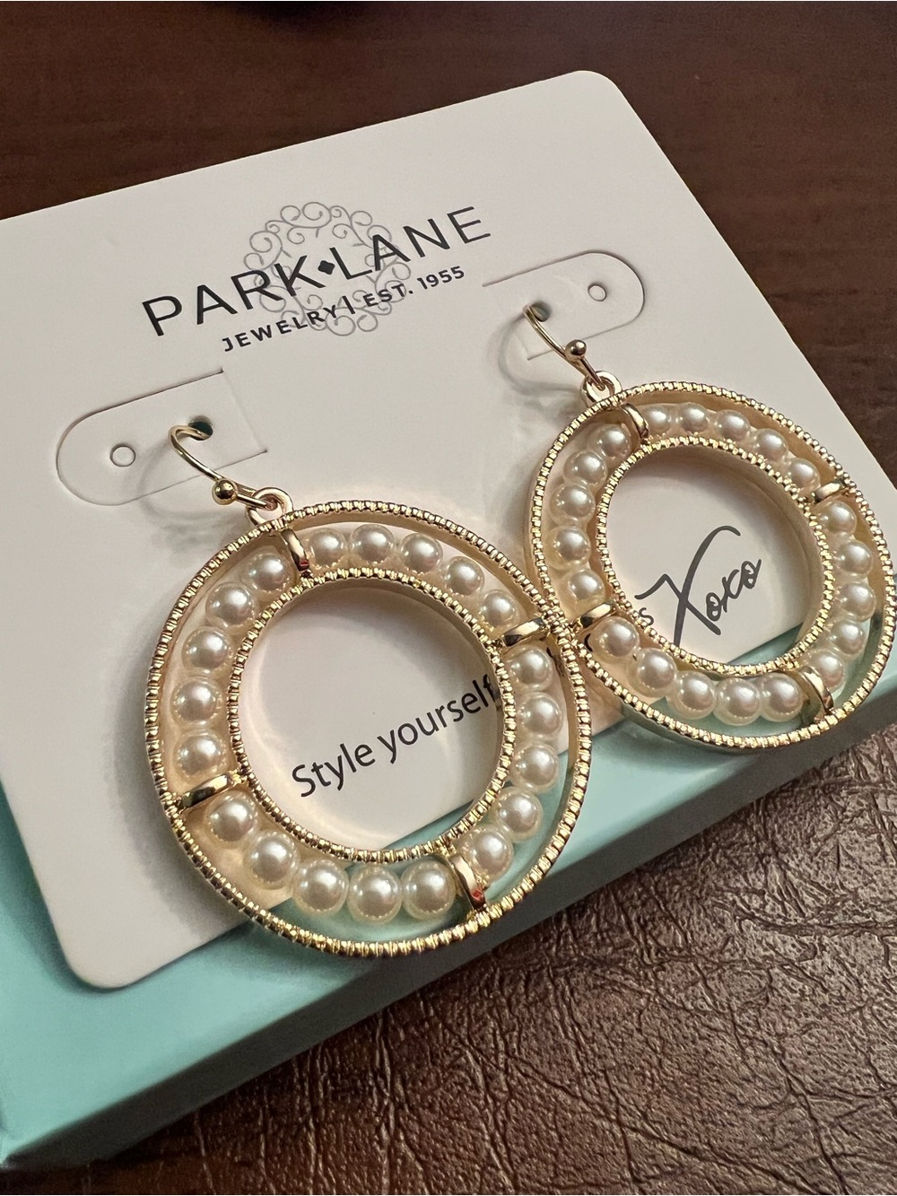 Park Lane COCONUT Gold Hoop Earrings with White Pearls, 1 3/4” Long, Summer, NWT